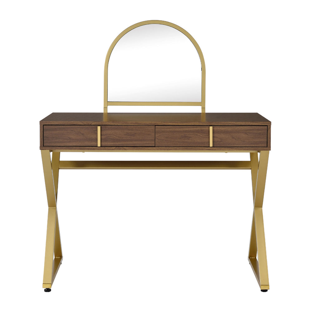 English Elm 2 Drawers Vanity Desk With Elegant Mirror & Jewelry Tray, Modern Walnut & Gold Finish For Chic Spaces B016P317489