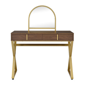 English Elm 2 Drawers Vanity Desk With Elegant Mirror & Jewelry Tray, Modern Walnut & Gold Finish For Chic Spaces B016P317489