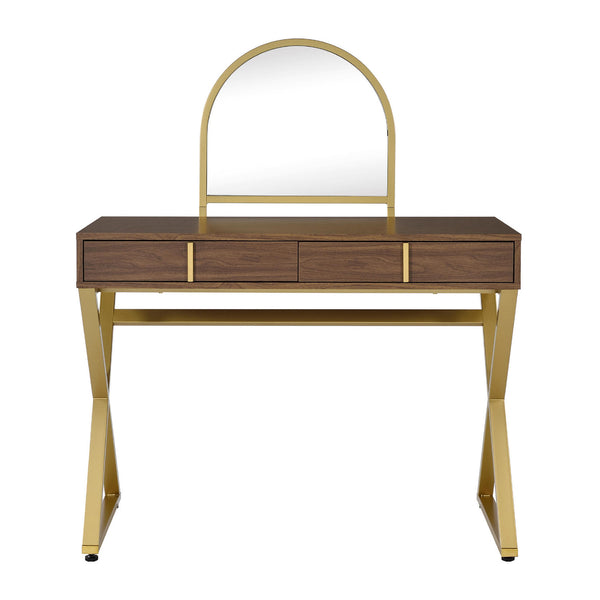 English Elm 2 Drawers Vanity Desk With Elegant Mirror & Jewelry Tray, Modern Walnut & Gold Finish For Chic Spaces B016P317489