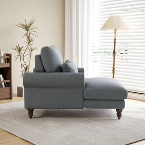 English Elm Upholstered Chaise Lounge Rolled Arms Reclining Back Foam Cushion Elegant Wood Feet Dark Grey T3623P411639