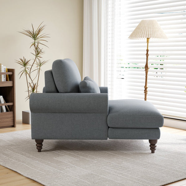 English Elm Upholstered Chaise Lounge Rolled Arms Reclining Back Foam Cushion Elegant Wood Feet Dark Grey T3623P411639