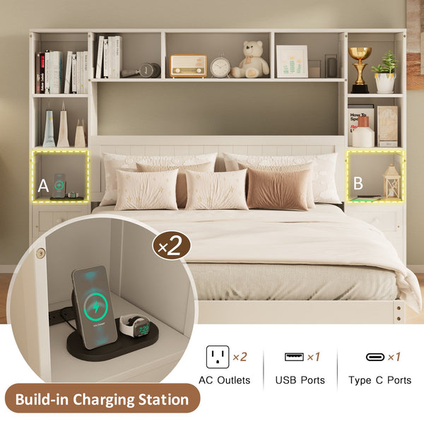 English Elm Queen Pine Wood Platform Bed with Built-In Nightstands, 2 Charging Stations, 3 Drawers & Storage BS701P286275K