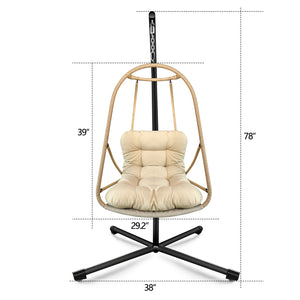 English Elm Swing Egg Chair with Stand - Foldable Rattan Hanging Basket Seat, Cushioned Comfort, Cup Holder Beige+Brown W2707P388617