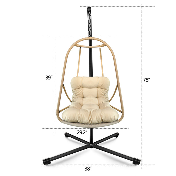 English Elm Swing Egg Chair with Stand - Foldable Rattan Hanging Basket Seat, Cushioned Comfort, Cup Holder Beige+Brown W2707P388617