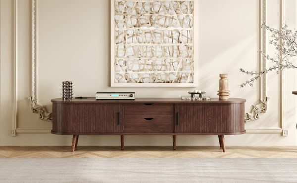 English Elm 70 Mid Century TV Stand with Rattan-Front Drawers, Tambour Doors, Built-In Outlets & Solid Wood Legs Dark Brown N710P339446P