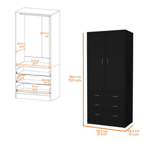English Elm FM FURNITURE Prescott Armoire Black - Elegant 2-Door Closet with 3 Drawers, Hanging Rod, Durable Design B128S00062