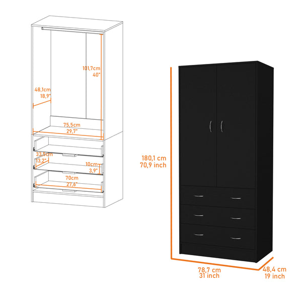 English Elm FM FURNITURE Prescott Armoire Black - Elegant 2-Door Closet with 3 Drawers, Hanging Rod, Durable Design B128S00062