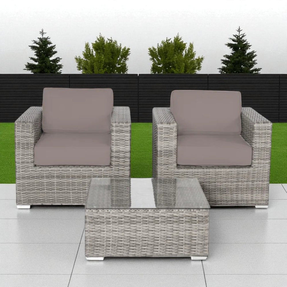 English Elm Rattan 3-Piece Outdoor Seating Set for Two — Fully Assembled Club Chairs, Glass Coffee Table, Tan Cushions (No Assembly) B120S00155
