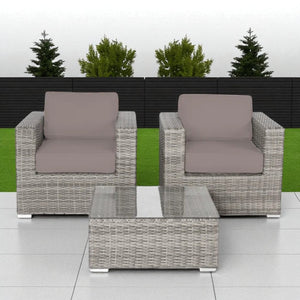English Elm Rattan 3-Piece Outdoor Seating Set for Two — Fully Assembled Club Chairs, Glass Coffee Table, Tan Cushions (No Assembly) B120S00155