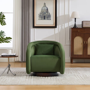 English Elm Swivel Barrel Chair Pumpkin Sculptural Velvet Upholstered with Walnut Wood Round Base Green W3244P427740