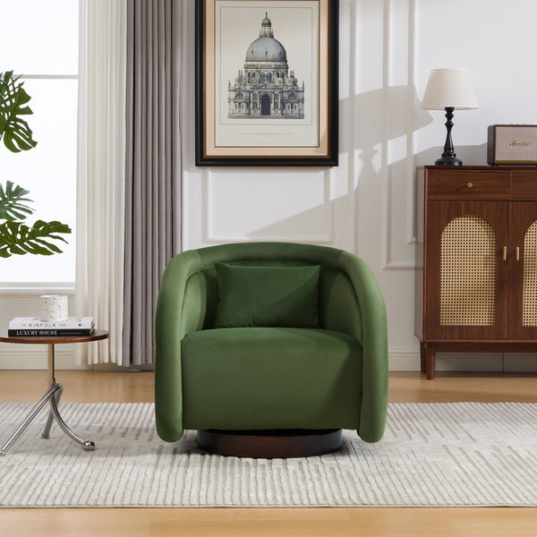 English Elm Swivel Barrel Chair Pumpkin Sculptural Velvet Upholstered with Walnut Wood Round Base Green W3244P427740