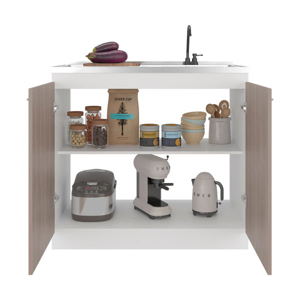 English Elm White Melamine Utility Sink Cabinet with Open Shelving for Laundry and Mudroom B062S01852