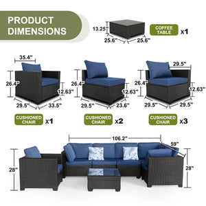 English Elm 7 Pieces Outdoor Sectional Set - Dark Blue PE Rattan Patio Sofa with Glass Table, Cushions, Modular Plan W813S00005
