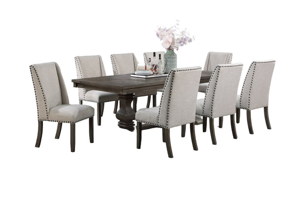 English Elm Traditional Nine Piece Oak Dining Set with Wingback Chairs and Double Pedestal Table B011S01039