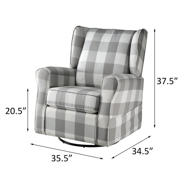 English Elm Grey Rolled Arm Swivel Glider Chair with Wingback Plaid Upholstery, Removable Covers, Elegant Comfort B062P186522