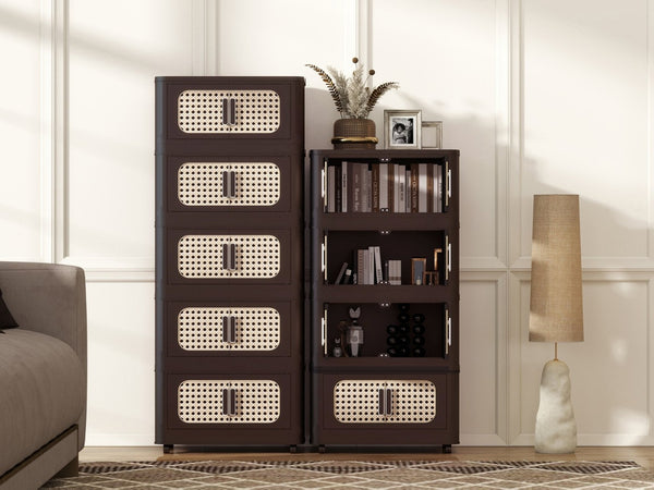 English Elm Retro Brown 20" Wide Folding Storage Cabinet - 4 Tiers, Collapsible Design With Wheels For Easy Mobility W2873P366399-GIGA