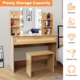 English Elm Vanity Desk Set Stool & Dressing Table With Led Lighting Mirror Drawer and Compartments Modern Wood Cosmetic Table Chest Of Drawers Nature Color