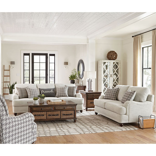 English Elm Brewster Farmhouse Loveseat with English Arms Espresso Legs and Neutral Grey Fabric B062P441336
