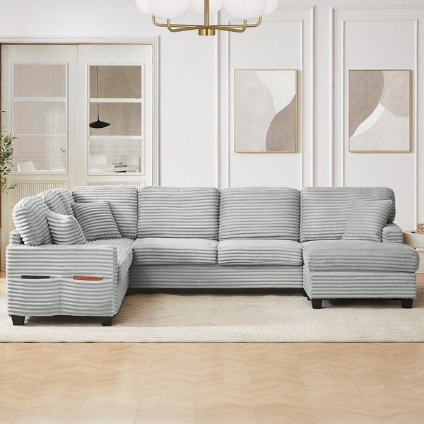 English Elm Sectional U-Shaped Sofa With Movable Ottoman & Side Storage Pockets - Stylish Comfort For Living Rooms N719S002080E-GIGA