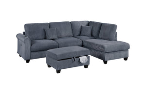 English Elm Contemporary 3pc Sectional Set with USB Charging, Corduroy Upholstery, Storage Ottoman & Pillows Dark Gray 76 L x 35 W x 17 H B011S01241