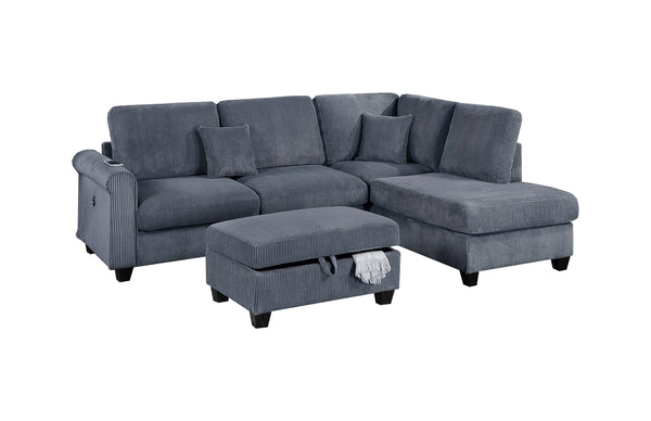 English Elm Contemporary 3pc Sectional Set with USB Charging, Corduroy Upholstery, Storage Ottoman & Pillows Dark Gray 76 L x 35 W x 17 H B011S01241