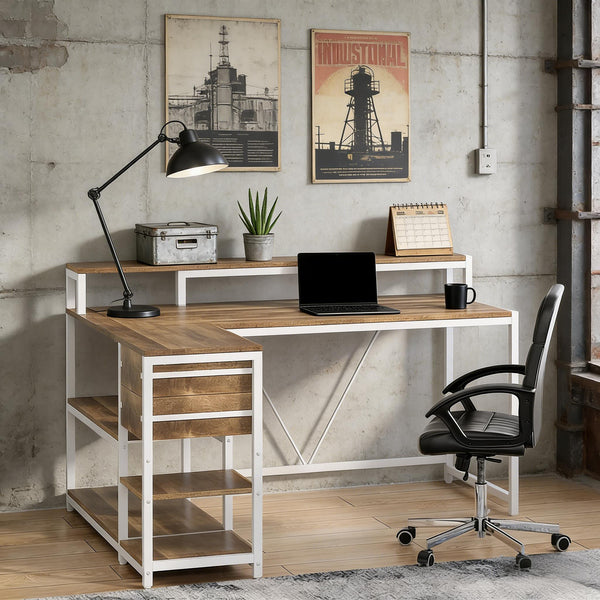 English Elm Writing Desk with Five Drawers Reversible Cabinet Home Office Vanity Workstation T3971P450851
