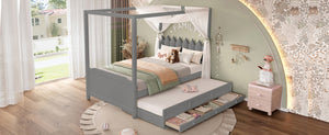English Elm Full Bunk Bed with Trundle Bookshelf Storage Pine Frame Car Design for Kids W1580S00318