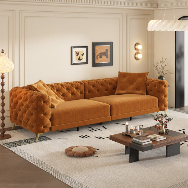 English Elm 97.6" Oversized Velvet Chesterfield Sleeper Sofa Floral Tufted Roll Arm Living Room Couch Orange W1885S00299