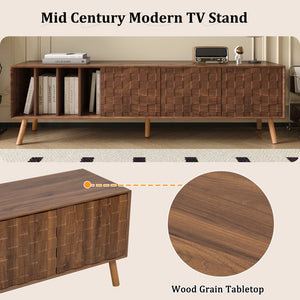 English Elm 70" Mid-Century Modern TV Stand with Lattice Wood Grain, 3 Cabinets & 4 Open Shelves, Walnut Elegance N710P222773P