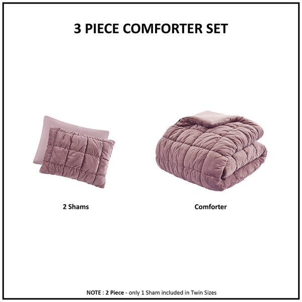 JLA Home Intelligent Design - 3 Plush Velvet Comforter Set with Hypoallergenic Down Alternative Fill, Box Quilting, OEKO-TEX Certified Pink ID10-2341