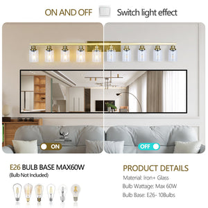 English Elm 10 Light Bathroom Vanity Fixture 65.4in Matte Metal 10-Light Wall Sconce with Clear Glass Shades for Mirror Gold W2312P374804