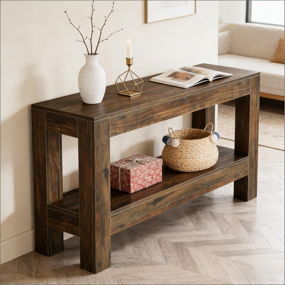 English Elm Practical Geometric Console Table with Matte Black Wood Grain Finish for Entryway or Sofa T3971P453725