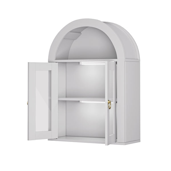 English Elm Wall Mounted Arched Cabinet Tempered Glass Doors Led Lighting Adjustable Shelves Bathroom White T3210P471554