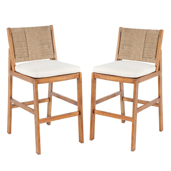 English Elm Outdoor Acacia Wood Barstools Set of 2 Wicker Back Patio Seating with Cushions N773P358719B