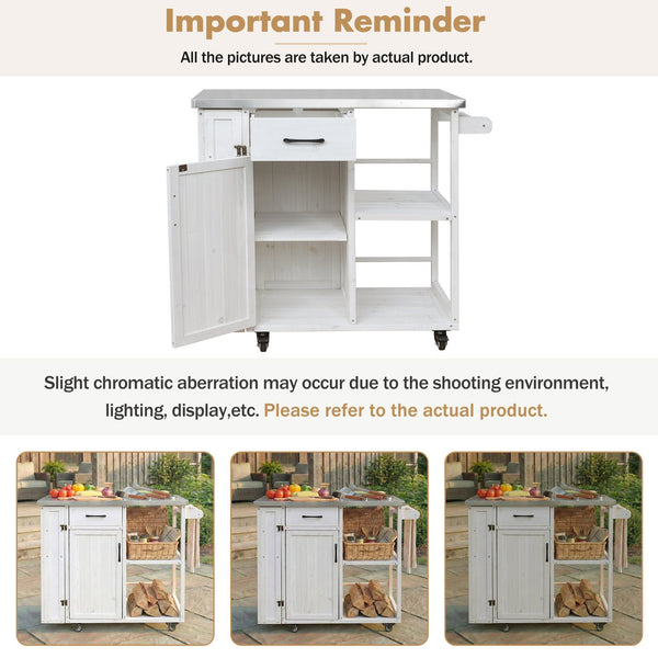 English Elm Foldable Outdoor Kitchen Cart with Stainless Worktop Fir Wood Frame and Lockable Wheels White N719P380278K