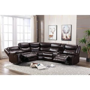 English Elm L Leather Power Reclining Sectional Sofa with USB Ports, Storage Console, Breathable Seating for 5 Brown W791S00001