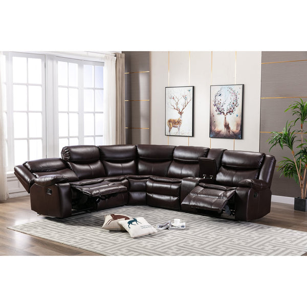 English Elm L Leather Power Reclining Sectional Sofa with USB Ports, Storage Console, Breathable Seating for 5 Brown W791S00001