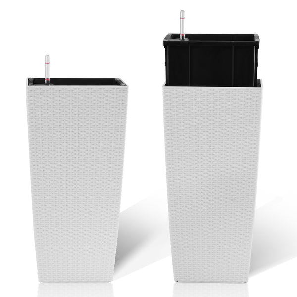 English Elm Pack of 2 Tall Square Faux Rattan Outdoor Planters with Self Watering System White W3213P325418
