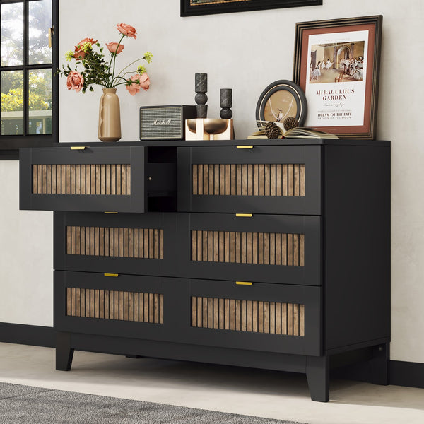 English Elm Rustic Farmhouse Wooden Dresser with 6 Drawers and Metal Handles — Spacious Storage, Stylish Bedroom Accent Black 52.17 L x 18.5 W x 11.81 H WF530908AAB
