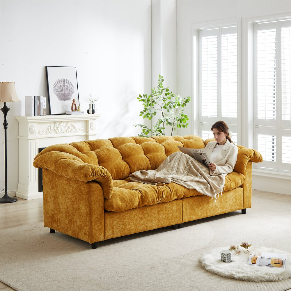 English Elm 99.2" Chenille Modern Deep Seat Sofa with Cloud-Like Cushioning, Zippered Arm Pads & Solid Wood Frame Yellow W1193S00151