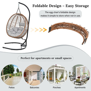 English Elm U_style Wicker Hanging Egg Chair with Stand Foldable Indoor Outdoor Swing Seat Brown+Gray N711P389503G