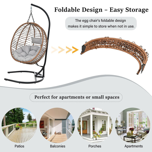 English Elm U_style Wicker Hanging Egg Chair with Stand Foldable Indoor Outdoor Swing Seat Brown+Gray N711P389503G