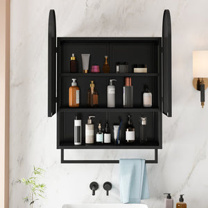 English Elm 23.62" Modern Double-Arched Mirror Cabinet with Tempered Glass, Metal Frame, Shelf & Towel Rack Storage Black W757P314586