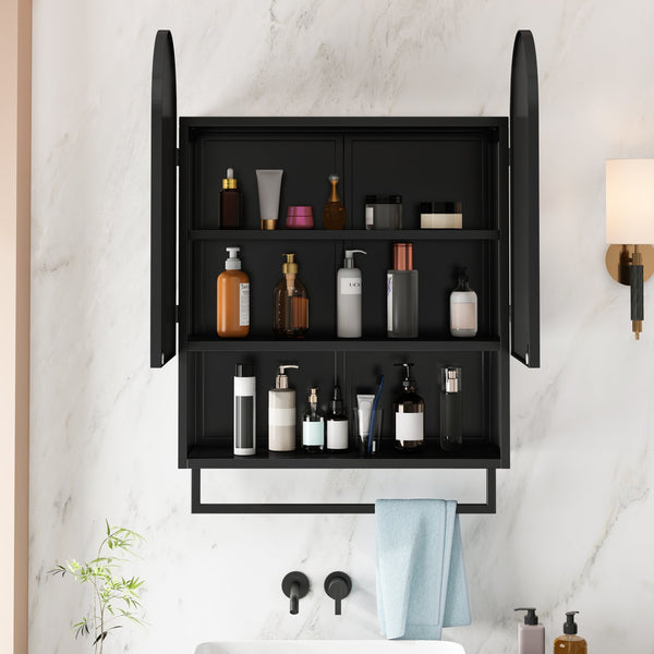 English Elm 23.62" Modern Double-Arched Mirror Cabinet with Tempered Glass, Metal Frame, Shelf & Towel Rack Storage Black W757P314586