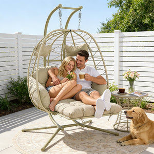 English Elm 2 Person Wicker Hanging Egg Chair with Stand Padded Cushions Patio Swing Seat T5880P500217