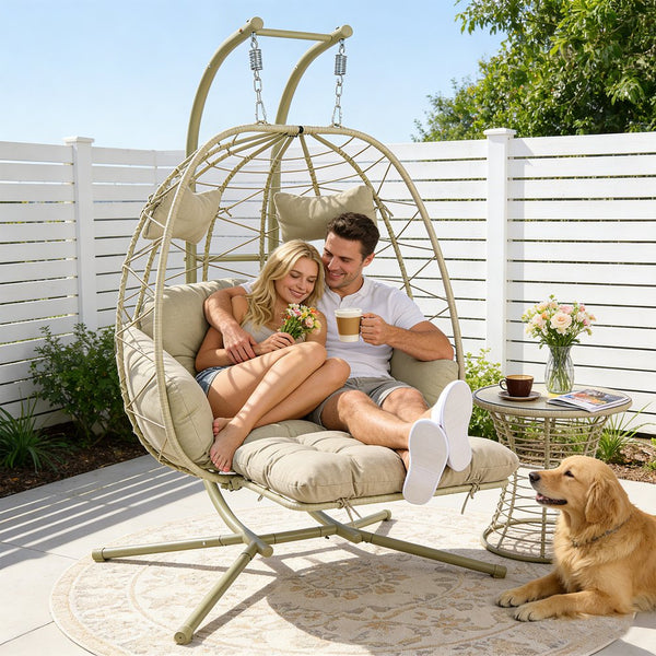 English Elm 2 Person Wicker Hanging Egg Chair with Stand Padded Cushions Patio Swing Seat T5880P500217