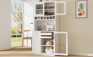 English Elm Topmax Farmhouse Buffet Hutch with Wine Rack Shaker Glass Pantry Cabinet White N717P327043K