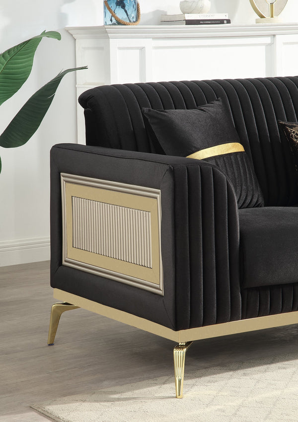 English Elm Antigua Glam Two Seat Loveseat with Gold Accent Arms and Plush Upholstered Cushions Black+Gold B009P417483
