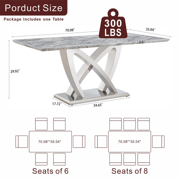English Elm Marble Dining Table For 6 - Modern 74.8" Rectangle Faux Marble Top With Chrome Base, Easy Care W3456S00051