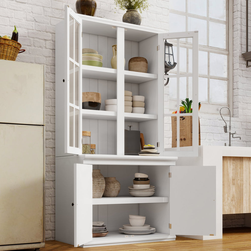 English Elm 75.25''H Retro Farmhouse Display Cabinet with Glass & Solid Doors, Adjustable Shelves, White Storage Elegance SN845P263124W